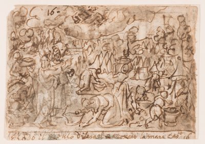 Side av en skissebok; Exodus - innsamling av manna; Ofre av Jan van der Straet, called Stradanus