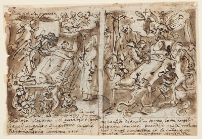 Side av en skissebok; Himmelske krefter hjelper fromme; Skisse for portrett av helgen; Dekorasjon av pediment av Jan van der Straet, called Stradanus