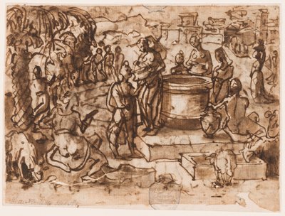Side av en skissebok; Moses og Jetros døtre av Jan van der Straet, called Stradanus