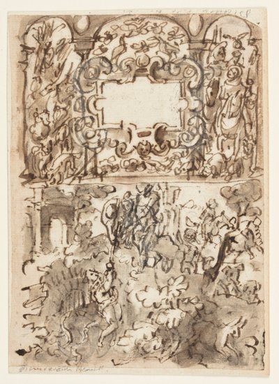 Side av en skissebok; Tittelside for graveringsserie om jakt; Ulykke av en jeger av Jan van der Straet, called Stradanus