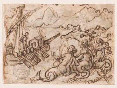 Side i en skissebok: Ulysses passerer sirenene (recto); Ulysses i underverdenen (verso) av Jan van der Straet, called Stradanus