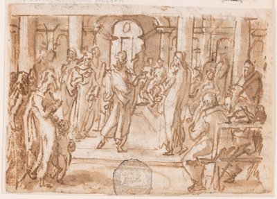 Peter og John Forhørt av Høyrådet, foreløpig design for "Spiritus Scientiae" (Vitenskapens ånd), plate 5 i utskriftsserien "Seven Gifts of the Holy Spirit" av Jan van der Straet, called Stradanus
