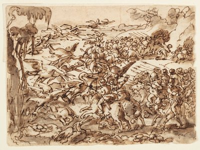 Recto: Kamp mellom pygmeer og traner; Verso: inskripsjon knyttet til Plinius den eldstes naturhistorie, bok 7, kap. 2 av Jan van der Straet, called Stradanus