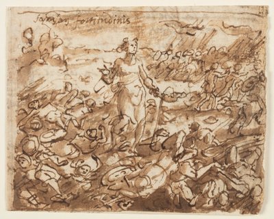 Rekt: Samson, etter å ha beseiret filisterne, drikker vann fra kjevebenet til et esel, foreløpig design for "Spiritus Fortitudines" (Sterktens ånd), plate 4 i trykkserien "The Seven Gifts of the Holy Spirit". Verso: skjult inskripsjon av Jan van der Straet, called Stradanus