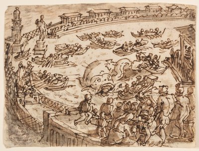Recto: Hvaljakt av keiser Claudius i havnen i Ostia; Verso: inskripsjon knyttet til Plinius den eldstes naturhistorie, bok 9, kap. 5 av Jan van der Straet, called Stradanus