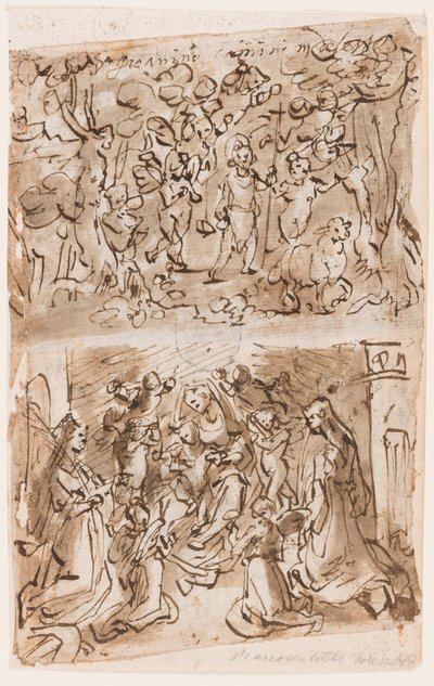 Recto, over: Ung St. Johannes døperen guidet av engler i ørkenen; Recto, under: Sacra Conversazione med Sts. Barbara og Catherine; Verso, over: Cruxifiction; Verso, under: Kristus helbreder lammede nær dammen i Bethesda av Jan van der Straet, called Stradanus