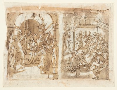 Recto, venstre: The Mocking of Christ; Recto, til høyre: Kristus vasker apostlenes føtter; Verso: Henrettelse av Mary Stuart, dronningen av skottene i 1587 av Jan van der Straet, called Stradanus