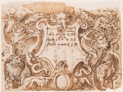 Høyre: foreløpig utforming av tittelside for utskriftsserien Hunting of Wild Bears and Fish; Verso: notater fra Stradanus om betalinger til en skredder av Jan van der Straet, called Stradanus