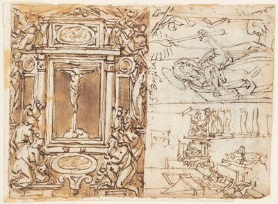 Skissebokside; Monument til Marcus Aurelius Antonius med sønn; Studie for en gravering av Jan van der Straet, called Stradanus