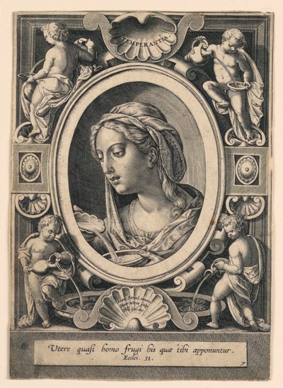 Temperance, plate 7 av "VII Virtutim...Imagines" av Jan van der Straet, called Stradanus