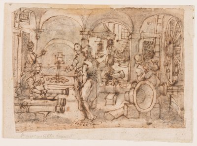 The Invention of Gunpowder, design for "Pulvis Pyrius," pl. 3 i utskriftsserien Nova Reperta (New Inventions of Modern Times). av Jan van der Straet, called Stradanus