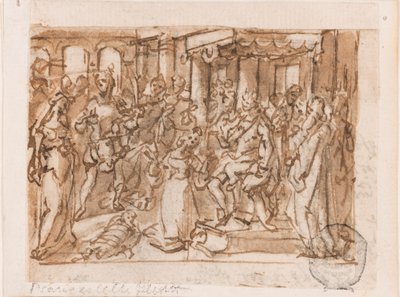 The Judgment of Solomon, foreløpig design for "Spiritus Sapientiae" (Visdommens ånd), plate 1 i trykkserien "Seven Gifts of the Holy Spirit" av Jan van der Straet, called Stradanus