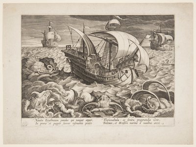 Tre skip omgitt av monstre av Jan van der Straet, called Stradanus