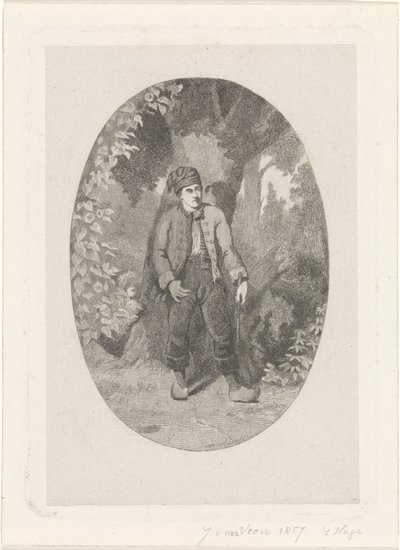 Mann ved et tre i en skog av Jan van der Veen (prentmaker)