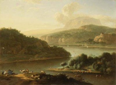 Et elvelandskap med gjeter og bondekvinne i forgrunnen av Jan van der the Younger Meer