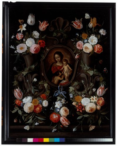 En steinkartasje utsmykket med blomster og sommerfugler av Jan van the Elder Kessel