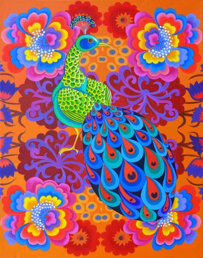 Påfugl med blomster, 2015, av Jane Tattersfield
