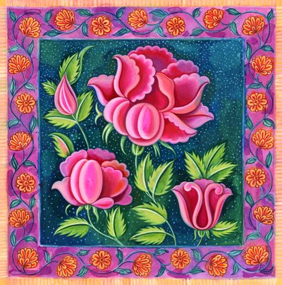 Rosa blomster, 1997, (blekk og gouache) av Jane Tattersfield