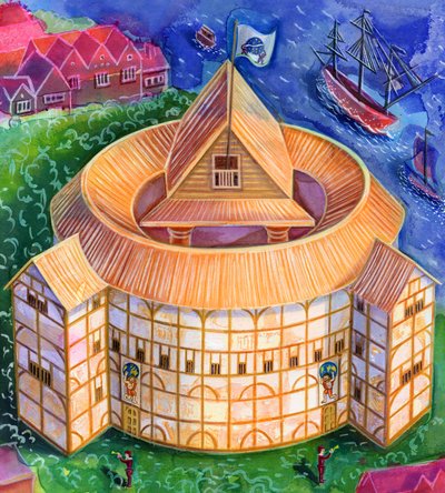 Shakespeares Globe Theatre, 2006, (blekk og gouache) av Jane Tattersfield