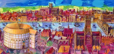 Shakespeares Globe Theatre på Southbank, 2006, (blekk og gouache) av Jane Tattersfield