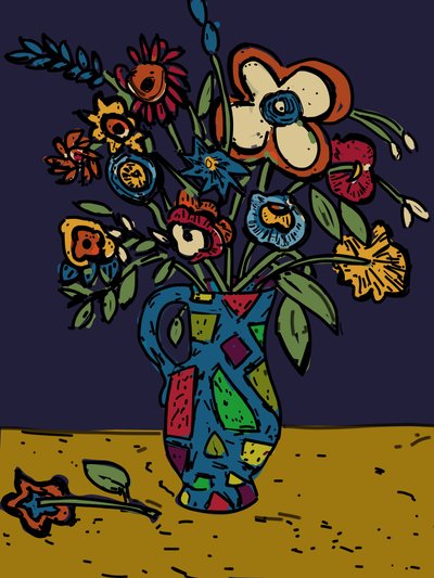 Flowers in a loudware Jug, 2012 (omfarget i photoshop fra originalt linosnitt) av Jane Willingale