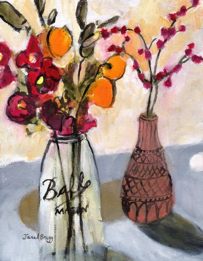 Stilleben med masonkrukke og blomster, ca. 2020 (vannmedie på papir) av Janel Bragg