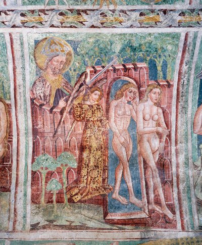 Hrastovlje befestede kirke, Treenighetskirken, Adam og Eva utvist fra paradis (1490), detalj fra fresker av Janez Iz Kastva, Slovenia av Janez Kastav