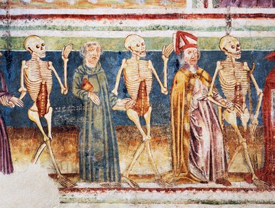 Hrastovlje befestede kirke, Treenighetskirken, Døden som ledsager biskop og munk, Dødsdansen (1490), detalj fra fresker av Janez Iz Kastva, Slovenia av Janez Kastav
