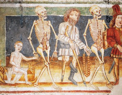 Hrastovlje befestede kirke, Treenighetskirken, Døden som ledsager barn og fattige, Dødsdansen (1490), detalj fra fresker av Janez Iz Kastva (1490), Slovenia av Janez Kastav
