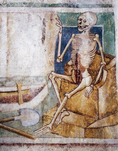 Hrastovlje befestede kirke, Treenighetskirken, Dødens åpningsplate av graven, Dødsdansen (1490), detalj fra fresker av Janez Iz Kastva, Slovenia av Janez Kastav