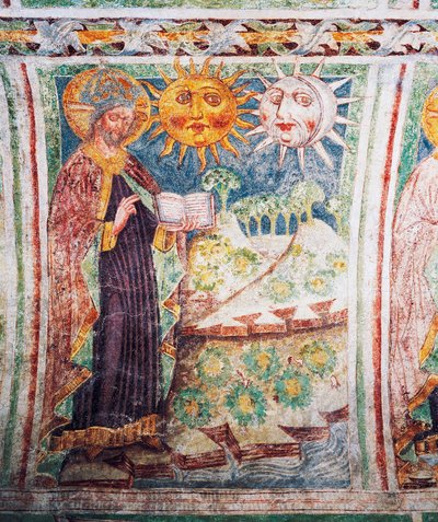 Hrastovlje befestede kirke, Treenighetskirken, Genesis, Gud skaper sol, måne og stjerner (1490), detaljer fra fresker av Janez Iz Kastva, Slovenia av Janez Kastav