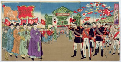 Et møte mellom japanske offiserer og koreanske embetsmenn, en episode fra den kinesisk-japanske krigen, slutten av 1800-tallet (farget treblokktrykk) av Japanese School