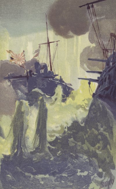 Et nattangrep av japanske torpedobåtdestroyere på den russiske skvadronen utenfor Port Arthur (chromolitho) av Japanese School