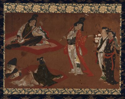 En piknikfest, hengende rulle (montert på panel), tidlig på 1600-tallet (farge og gull på papir) av Japanese School