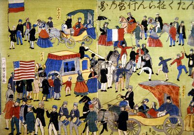 Amerikanske, nederlandske og franske besøkende ankommer Yokohama i Japan, ca. 1860 (fargetresnitt) av Japanese School