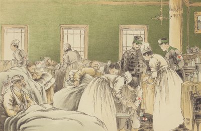 Behandle de russiske sårede på det midlertidige sykehuset til det japanske Røde Kors-foreningen ved Chemulpo (chromolitho) av Japanese School