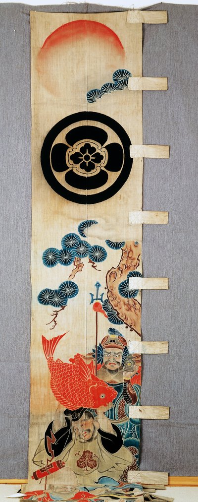 Banner (nobori), detalj av Seven Gods of Fortune-motiver, familievåpen, blomst i sirkel, i bomull, Farget i reserve med risstivelse, med pigmenter, blekk, kjemikalier, blekk, japansk sivilisasjon, Meiji-Taisho-perioden, 1900-tallet av Japanese School