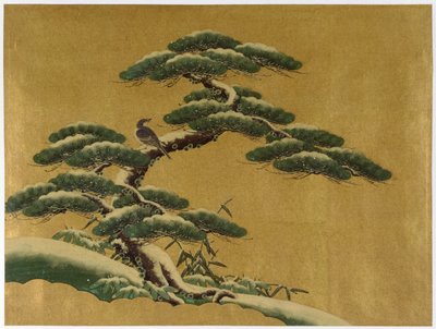 Bird in a Tree (wc mot gullmark på japansk papir) av Japanese School
