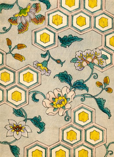 Blomstrer på en honeycomb-bakgrunn av Japanese School