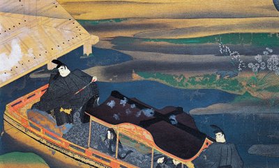 Båt i måneskinnet, av Fujiwara Nobuzane (1176-1265), illustrasjon fra Dagboken til Murasaki Shikibu, japansk sivilisasjon av Japanese School