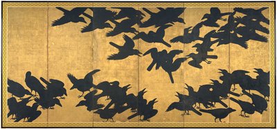 Kråker, tidlig på 1600-tallet (par med seks panelskjermer; blekk og gull på papir) av Japanese School