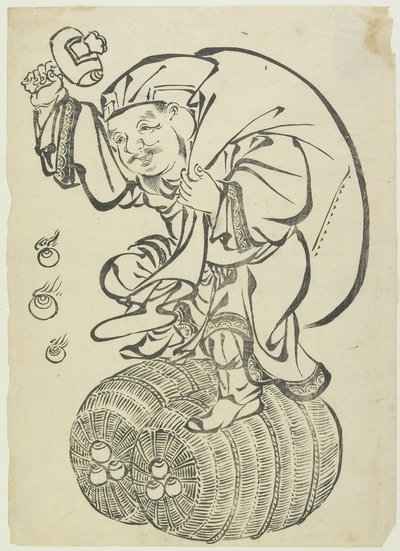 Daikoku God Dancing on Rice Balles, midten til slutten av 1700-tallet (treblokktrykk) av Japanese School