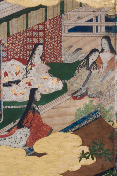 Detalj av våren i palasset, seksdelt skjerm fra The Tale of Genji, ca. 1650 (blekk, farger og gull på papir) av Japanese School