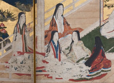 Detalj av våren i palasset, seksdelt skjerm fra The Tale of Genji, ca. 1650 (blekk, farger og gull på papir) av Japanese School