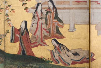 Detalj av våren i palasset, seksdelt skjerm fra The Tale of Genji, ca. 1650 (blekk, farger og gull på papir) av Japanese School