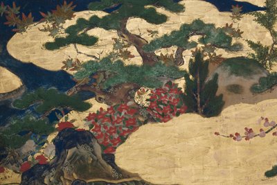 Detalj av våren i palasset, seksdelt skjerm fra The Tale of Genji, ca. 1650 (blekk, farger og gull på papir) av Japanese School