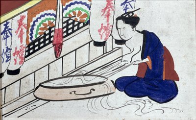 Ema (votiv plakett) som viser en kvinne som trykker ut melk av Japanese School