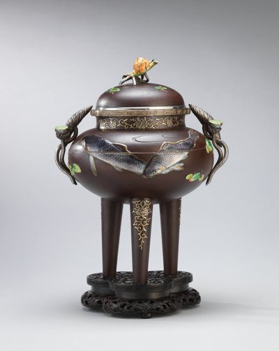 Emalje og mykt metall-innlagt røkelsesbrenner i jern, forseglet Koichi Shin (Takasaki Koichi), Meiji Period (jern, gull, sølv og emaljer) av Japanese School