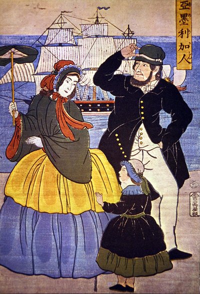 Europeisk familie ved Yokohama havnefront malt av en japansk kunstner i 1861 av Japanese School