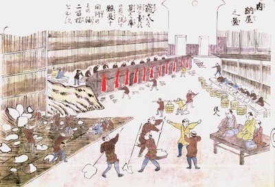 Fabrikk for tilberedning av hvalprodukter, sent på 1800-tallet (fargegravering) av Japanese School